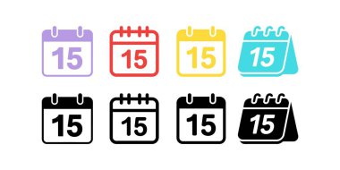 Dijital grafikte 15 'ine ayarlanmış sekiz tarih simgesi yer alıyor. Simgeler farklı biçim ve renklerde görünür, beyaz bir arkaplanda izole edilmiş, web siteleri için uygun.