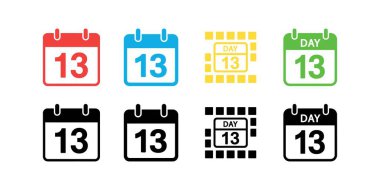 A collection of Day 13 calendar icons in various colors like red, blue, yellow, green, and black, each styled differently and set against a white background.