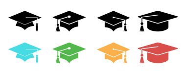 Eight graduation cap icons are displayed in black, blue, green, yellow, and red, rendered as simple vectors on a white background, perfect for graduation resources.