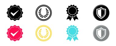 A collection of eight vector icons including check marks, laurel wreaths, award ribbons, and shield symbols, presented in various colors like black, red, gold, and light blue.