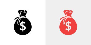 The image displays two sacks, a black and a red one, both closed with a drawstring, prominently featuring a white dollar sign. Design style is minimalistic.