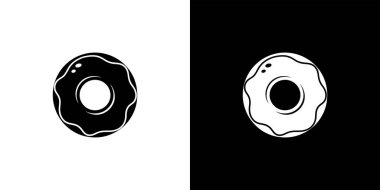 Graphic illustration of a donut silhouette, displayed in contrasting black and white backgrounds. One donut is black on a white background, and the other is white on black.