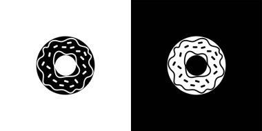 Symmetrical image displays a donut icon against both black and white backgrounds, inverted. The simplified design features a ring with a drizzled topping and sprinkles.