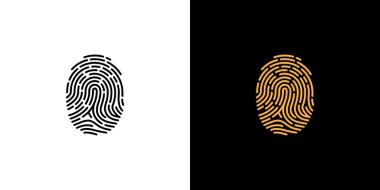 Image shows two fingerprints. One is black on a white background; the other is gold on a black background. Both represent unique digital thumbprint identification scans.