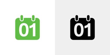 Bir takvim simgesinin iki versiyonu gösteriliyor, biri yeşil ve biri siyah, her biri beyaz arkaplanlı '01' sayısını gösteriyor. Temiz, minimalist tasarım.