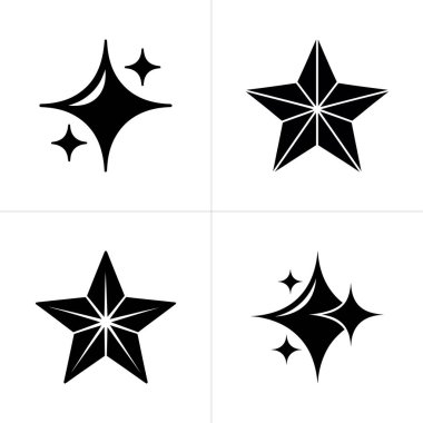 Resim, beyaz bir zemin üzerinde parlayan yıldızlar ve çizgileri olan geometrik yıldız şekilleri içeren farklı siyah yıldız tasarımları içeren dört karelik bir ızgara gösteriyor..