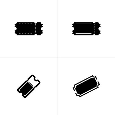 Çeşitli yönelimlerde dört siyah beyaz bilet simgesini gösteren vektör illüstrasyonu, çeşitli yaratıcı uygulamalar için basit ve temiz tasarım estetiği göstermektedir.