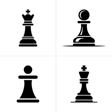 Görüntü, temiz beyaz arka planda dört siyah satranç taşını gösteriyor. İki papaz ve iki piyon, minimalist bir estetiği ele geçiriyorlar. Satranç meraklıları için mükemmel.