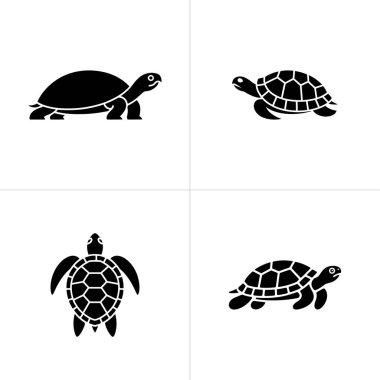 Görüntü, beyaz arka planda siyah renkli dört kaplumbağa silueti varyasyonunu gösteriyor. Kara kaplumbağası, yan görüş deniz kaplumbağası, üst görüş kaplumbağası ve farklı bir tarz deniz kaplumbağası..