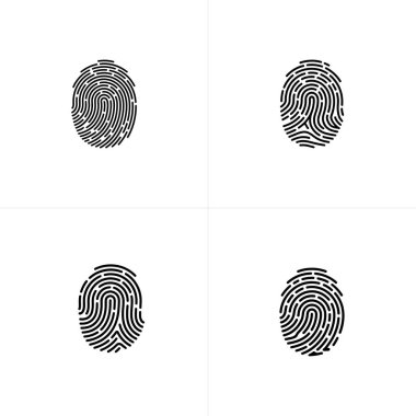 Görüntü, beyaz arka planda dört farklı siyah parmak izi örneği gösteriyor. Adli bilim, güvenlik, kimlik ya da biyometrik kimlik doğrulama kavramlarını resmetmek için ideal.