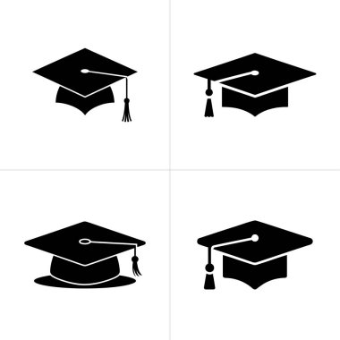 Her biri farklı tasarım sunan, akademik başarıyı ve kutlamaları simgeleyen, siyah siluet şeklinde dört mezuniyet şapkası ve beyaz bir arkaplan..