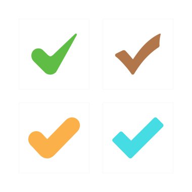 Görüntü, kareler ve beyaz arkaplan içinde dört izole kontrol işareti simgesi gösteriyor. Kontrol işaretleri yeşil, kahverengi, turuncu ve mavi renkli ve biraz yuvarlak..