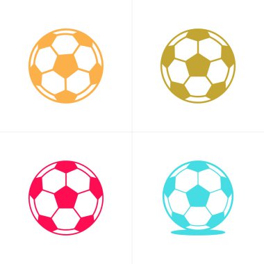 Resim dört farklı renkli stilize futbol topunu içeriyor. Renkler turuncu, altın, pembe ve açık mavi. Her topun bir beşgen ve altıgen dizaynı var..