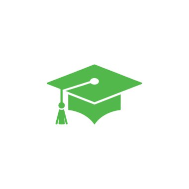 İzole edilmiş bir vektör resmi, temiz beyaz bir arkaplan üzerine kurulmuş, akademik başarıları, eğitimi ve bilimsel uğraşları sembolize eden, stilize edilmiş bir yeşil mezuniyet şapkasını sergiliyor..