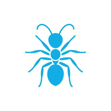 Basit bir vektör grafiği açık mavi bir karınca silueti gösteriyor anten, altı bacak ve temiz beyaz arka planda segmentli bir vücut..