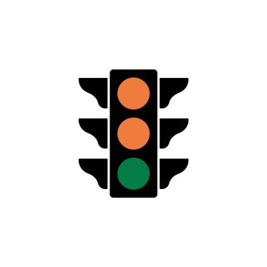 Vektör sanatı siyah çerçeveli bir trafik ışığı gösteriyor, yeşil ışığın üzerinde iki turuncu ışık var, basit bir tasarımda beyaz bir arkaplanda izole edilmiş..