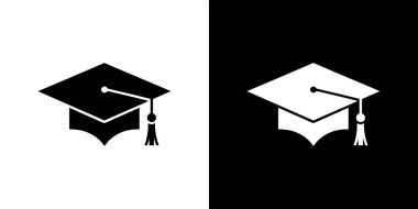 Bu resim zıt arkaplanlarda iki mezuniyet şapkası simgesi gösteriyor, biri beyaz üzerine siyah, diğeri siyah üzerine beyaz, ikisi de basit, akademik, mezuniyet çizimleri.