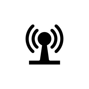 Bu resim, temiz beyaz arka planda kablosuz sinyal kulesini temsil eden, bağlantı ve ağ erişimini sembolize eden, izole edilmiş, koyu siyah bir simge gösterir..