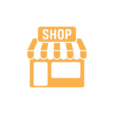 Minimalist orange vector illustration of a storefront with awning, door, and window. Simple shop icon representing retail business and commercial establishment concept.