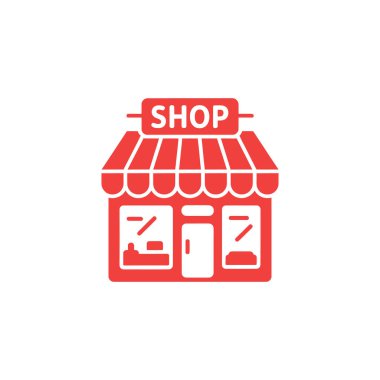 A single red shop icon with an awning, door, and window displays sits isolated on a white background, representing retail or small business.