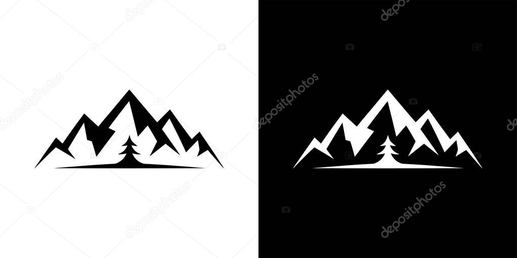 A minimalist mountain peak silhouette with an evergreen tree is presented on a split black and white background, perfect for outdoors or nature related branding or visuals.
