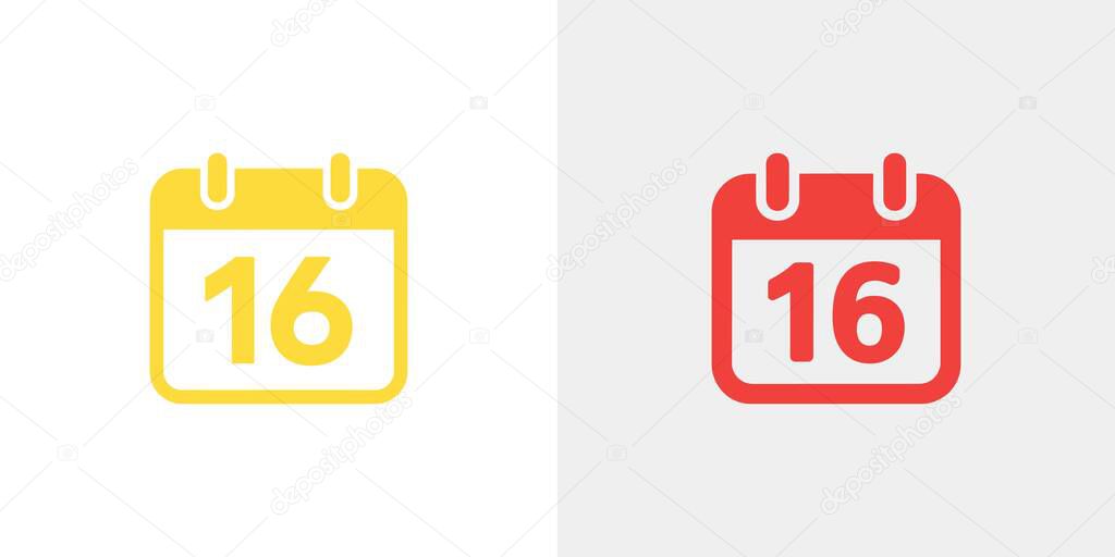Isolated icons of a calendar displaying the number sixteen, one in yellow and one in red, set against a clean white background. These minimalist icons offer a simple design.