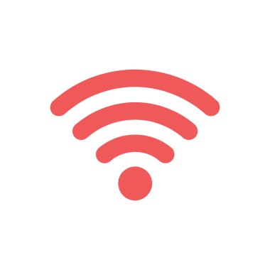 The image shows a red wireless signal icon on a white background. It symbolizes internet connectivity, technology, and communication in a simple, modern design.