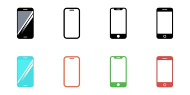 Collection of eight minimalistic mobile phone icons presented in different styles and colors, including black, cyan, orange, green, and red, set against a white background.
