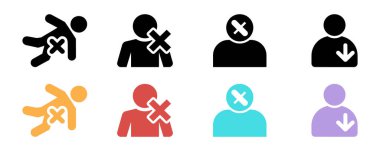 Illustrated icons showing stylized figures, some crossed out and some with download arrows, in different colors black, orange, red, turquoise, lavender, vector graphics.