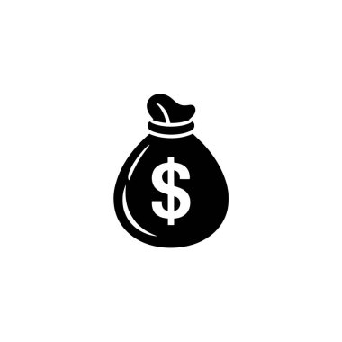 A minimalist black and white illustration features a money bag. It is cinched closed at the top, with a prominent dollar sign in the center.