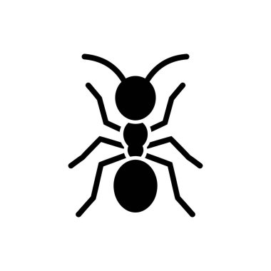 This image presents a clear and simple black vector illustration of an ant. The icon is set against a clean white background, ideal for insect related content.
