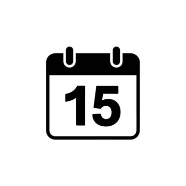 Isolated black icon shows a calendar page with the number 15 on white. Design ideal for business, date reminders, events, schedule, and simple illustrations.