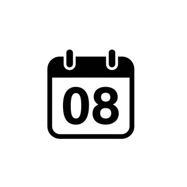 Features a minimalist calendar icon in black, rendered with rounded edges and displaying the number eight prominently. Isolated against a clean, transparent backdrop.