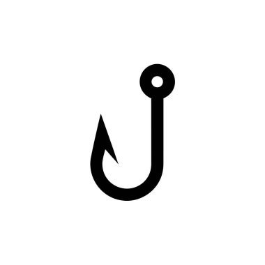Illustrative vector image showcases a single, solid black fishing hook isolated against a white background, perfect for use in fishing-related designs and educational materials.