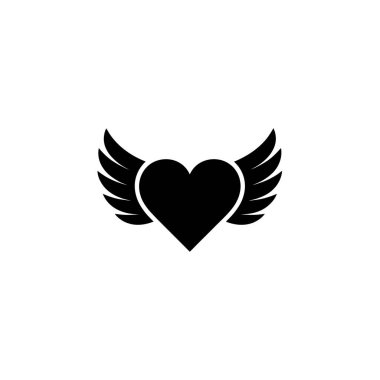 Single graphic illustration showcases a black heart-shaped silhouette adorned with stylized wings, depicted against a clean white background. Ideal for love or angelic themes.