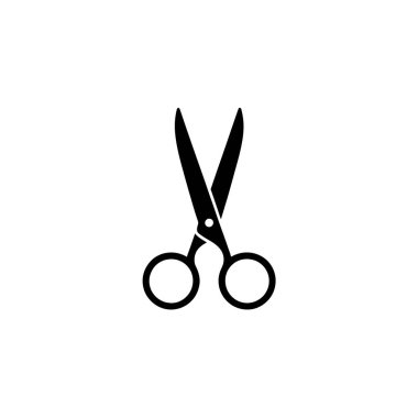 Isolated image shows a simple black silhouette of open scissors against a white background. The scissor blades are open and the handle holes are circular.
