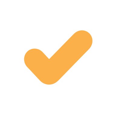 Isolated on a crisp white backdrop, a solid orange check mark, tilted diagonally, stands out. Its rounded edges lend a friendly feel, perfect for symbolizing approval.