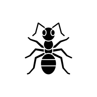 Isolated vector illustration of a black ant with white accents, displaying six legs, two antennae, and a clearly defined body structure on a white background.
