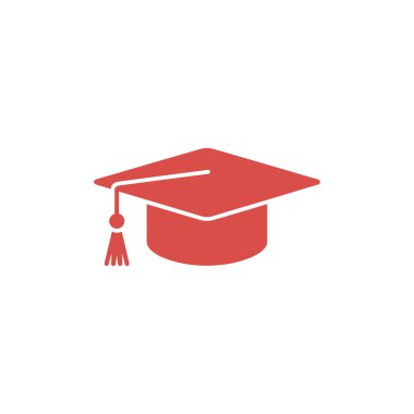 An isolated, stylized vector graphic featuring a red graduation cap with its tassel, presented against a clean white background. Minimalist design symbolizes graduation, academia.