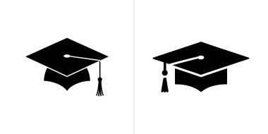 This image showcases two stylized black graduation caps with tassels, positioned against a white backdrop divided into two halves, symbolizing academic achievement and learning.