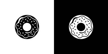Image showcasing two donut icons. One is black on a white background, while the other is white on a black background. Both are decorated with sprinkles.