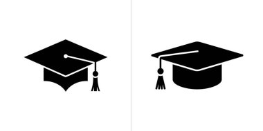 The image shows two black graduation cap icons with tassels on a white background, symbolizing academic achievement, education, and the completion of studies.