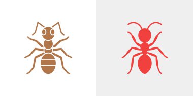Isolated graphic showing two simple cartoon ant illustrations. One ant is brown and the other is red, both on a clean white background. Vector insect design.