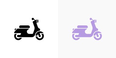 A side-by-side comparison of scooter icons. One is a black solid shape, the other a lilac solid shape, both isolated against a bright white background.