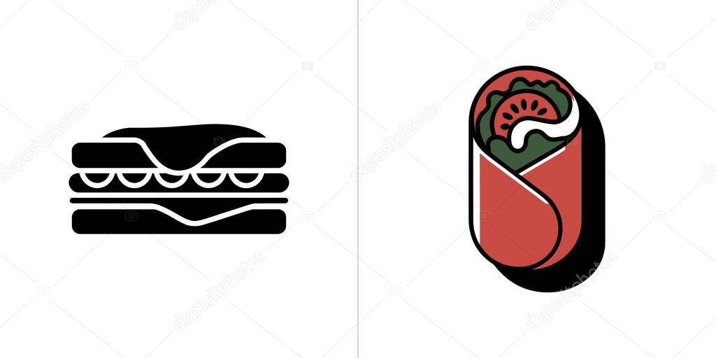 Black vector icon depicting a sandwich alongside a colorized illustration of a shawarma wrap with greens and tomatoes on a white background. Design emphasizes minimalist food art.