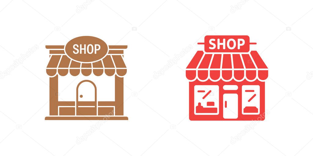 Image presents two storefront icons one brown with a rounded door, and the other red with rectangular windows. Both feature the word SHOP and striped awnings.