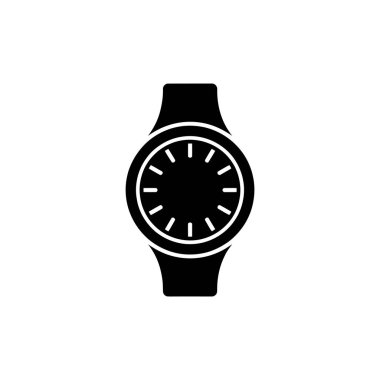 İzole edilmiş, minimalist vektör simgesi yuvarlak yüzlü siyah bir kol saati çizer, saatlerce kalem yapıştırır ve yuvarlak konnektörler kayışı saat yüzüne bağlar..