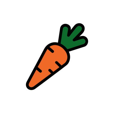 Dijital görüntü, canlı turuncu gövdeli, tek bir çizgi film tarzı havuç, sağlıklı yeşil yapraklar ve siyah çizgiler, temiz beyaz bir zemin üzerine kurulmuş..