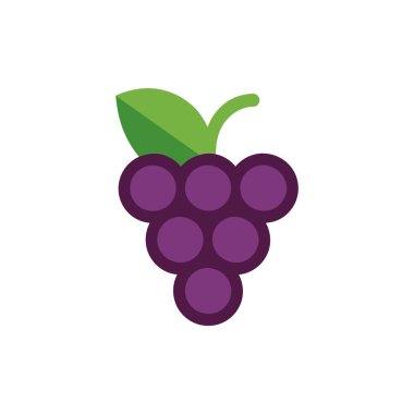 Dijital illüstrasyon, tek bir yeşil yapraklı bir demet mor üzüm gösteriyor. Üzümler düz dizayn edilmiş ve beyaz arka planda izole edilmiş..