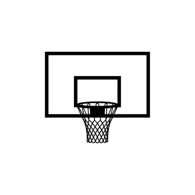 Önden bakıldığında, beyaz bir zemin üzerinde ağ ve arkası olan, tasarım ve illüstrasyon gereksinimleri için mükemmel bir basketbol potasının basit, siyah bir anahatını gösteriyor..